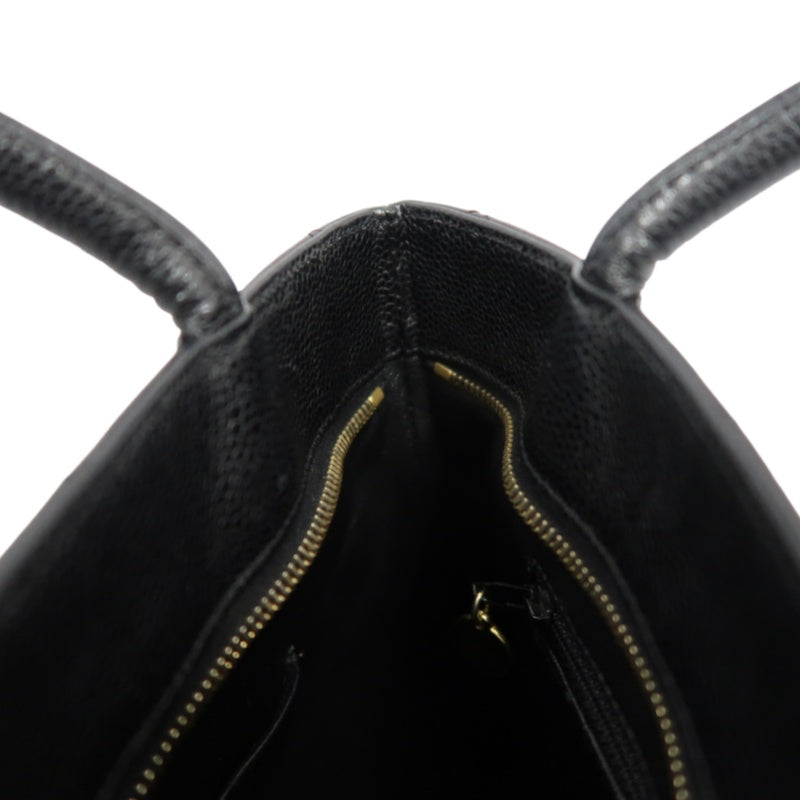 CHANEL Vintage Caviar Leather Hilton Tote Bag Black Gold Hardware With Gold Tag