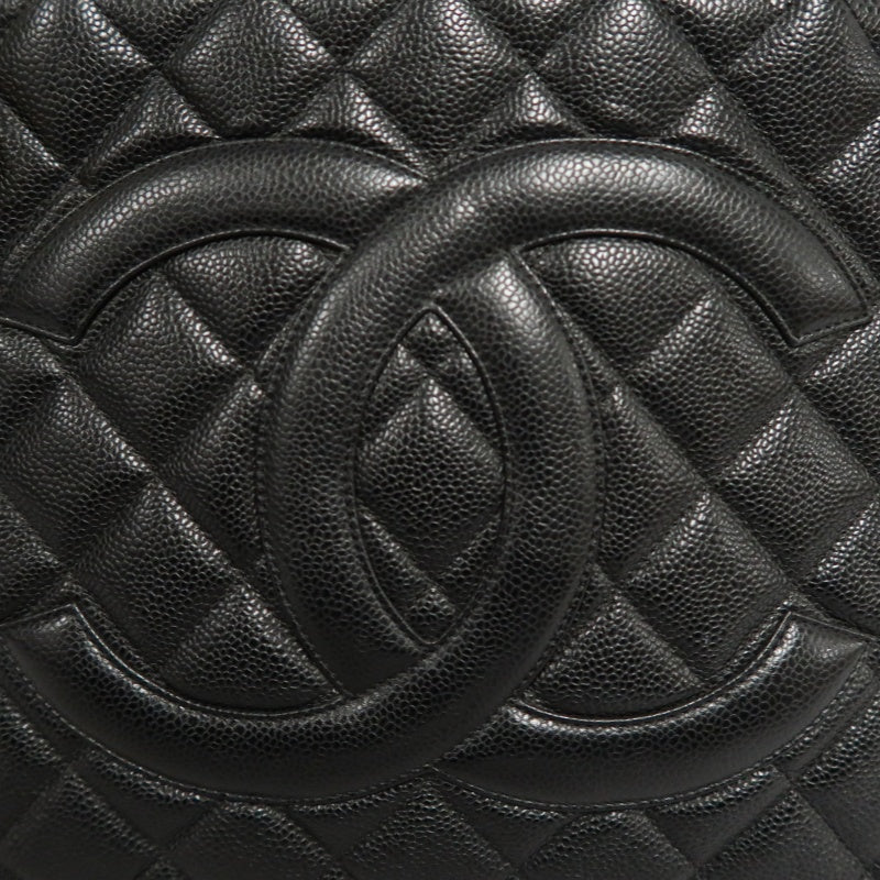 CHANEL Vintage Caviar Leather Hilton Tote Bag Black Gold Hardware With Gold Tag