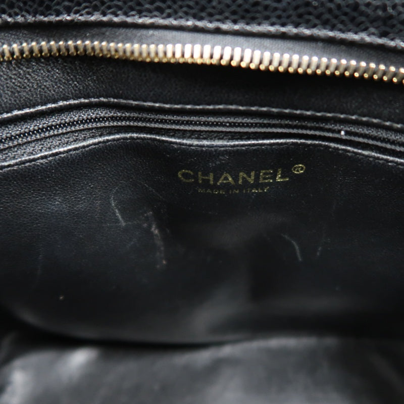CHANEL Vintage Caviar Leather Hilton Tote Bag Black Gold Hardware With Gold Tag