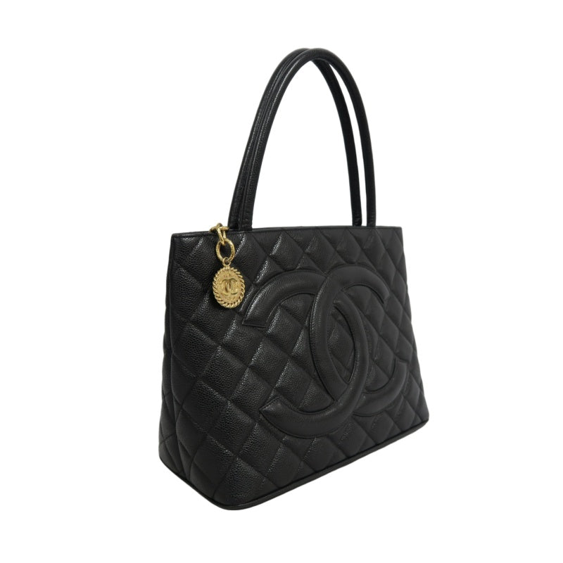 CHANEL Vintage Caviar Leather Hilton Tote Bag Black Gold Hardware With Gold Tag