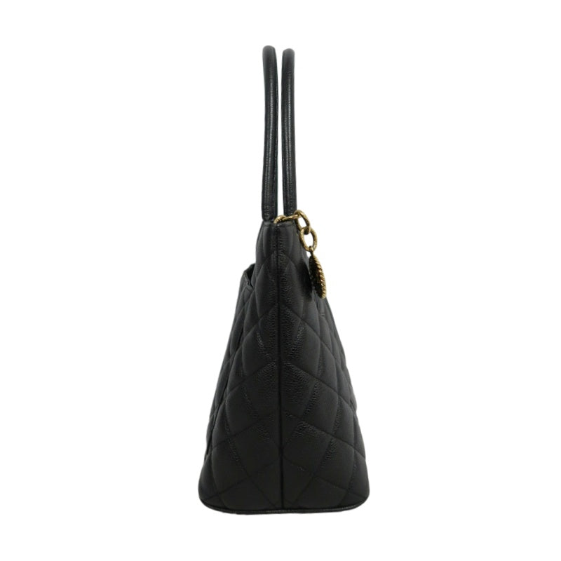 CHANEL Vintage Caviar Leather Hilton Tote Bag Black Gold Hardware With Gold Tag