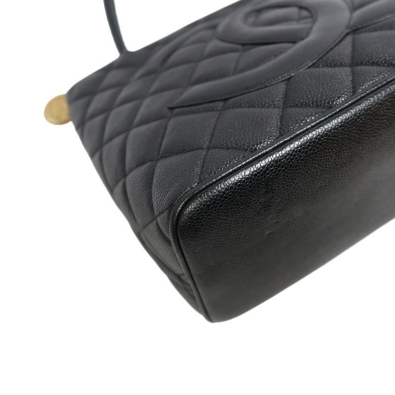 CHANEL Vintage Caviar Leather Hilton Tote Bag Black Gold Hardware With Gold Tag