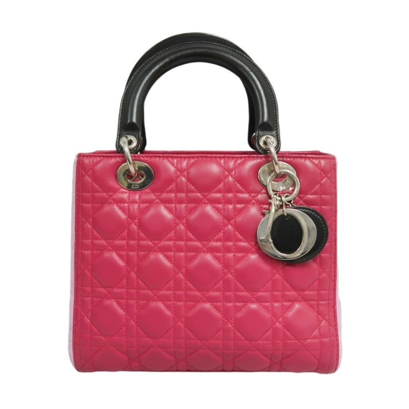 DIOR Lady Dior Cannage Handbag Pink Lambskin Silver Hardware With Shoulder Strap