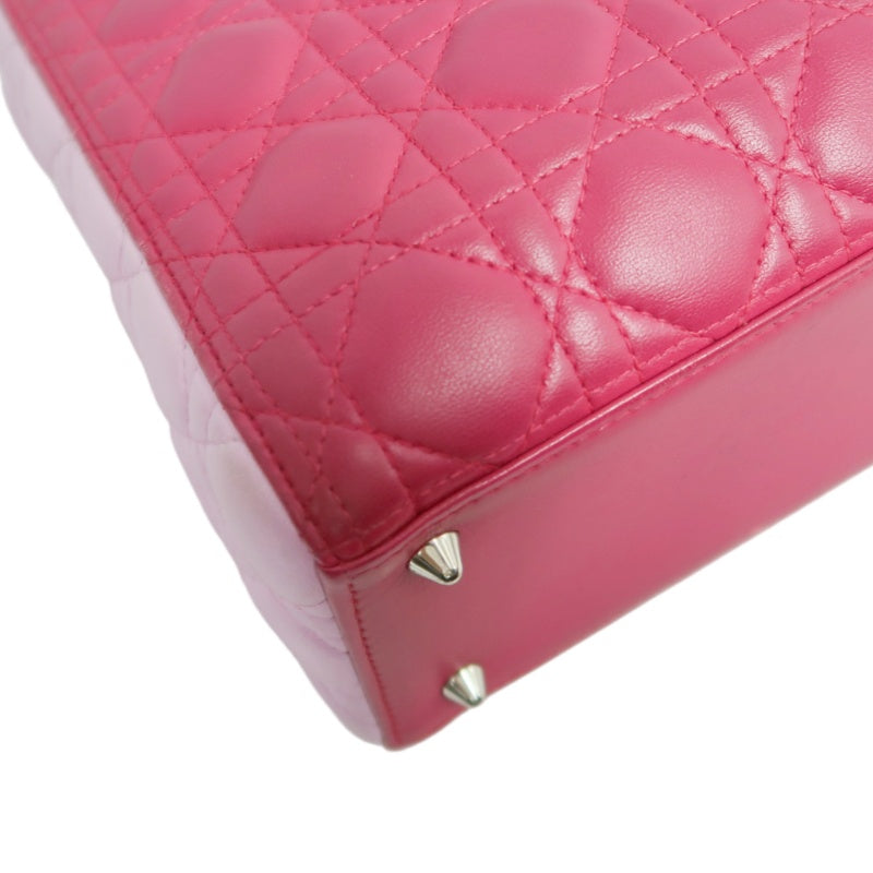 DIOR Lady Dior Cannage Handbag Pink Lambskin Silver Hardware With Shoulder Strap