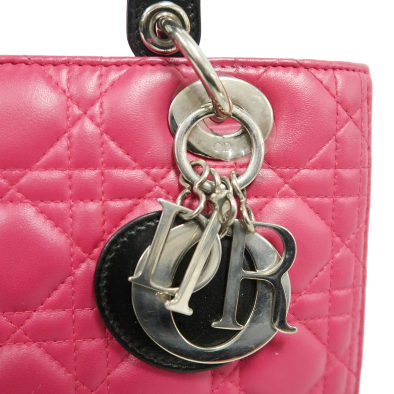 DIOR Lady Dior Cannage Handbag Pink Lambskin Silver Hardware With Shoulder Strap