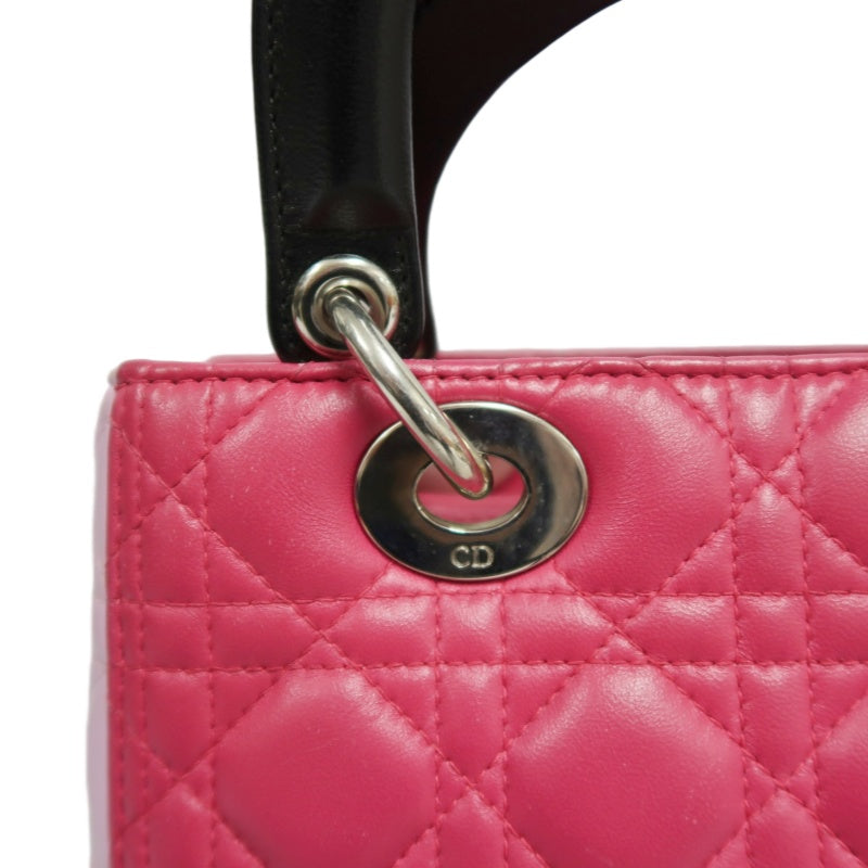 DIOR Lady Dior Cannage Handbag Pink Lambskin Silver Hardware With Shoulder Strap