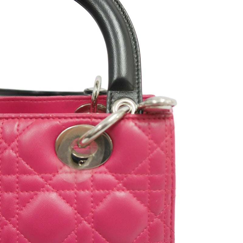 DIOR Lady Dior Cannage Handbag Pink Lambskin Silver Hardware With Shoulder Strap