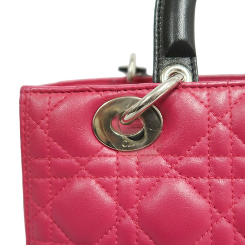 DIOR Lady Dior Cannage Handbag Pink Lambskin Silver Hardware With Shoulder Strap