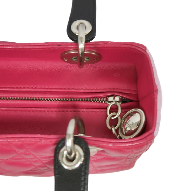 DIOR Lady Dior Cannage Handbag Pink Lambskin Silver Hardware With Shoulder Strap