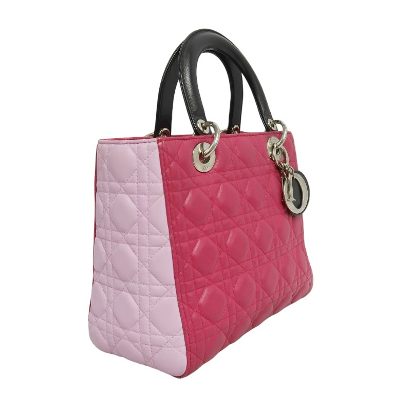 DIOR Lady Dior Cannage Handbag Pink Lambskin Silver Hardware With Shoulder Strap