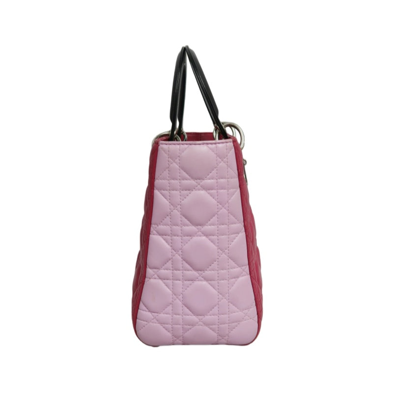 DIOR Lady Dior Cannage Handbag Pink Lambskin Silver Hardware With Shoulder Strap