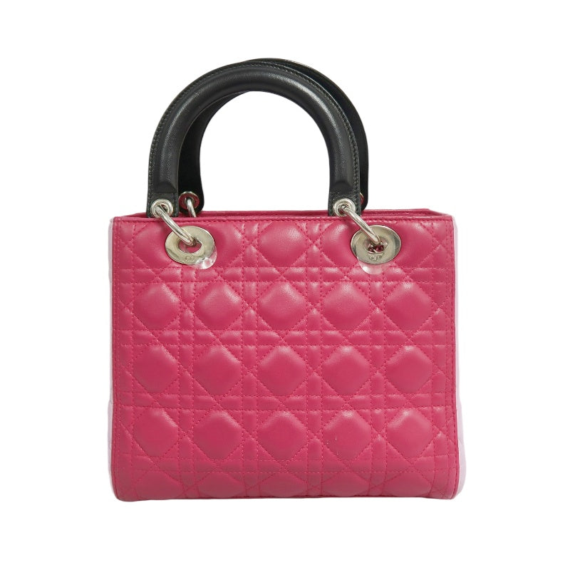 DIOR Lady Dior Cannage Handbag Pink Lambskin Silver Hardware With Shoulder Strap