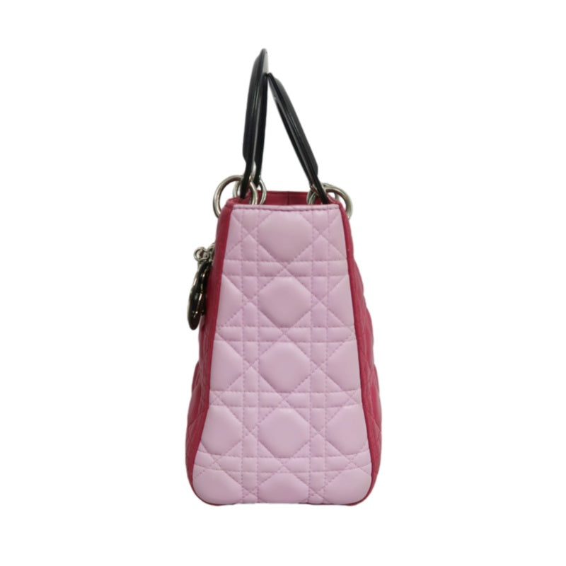 DIOR Lady Dior Cannage Handbag Pink Lambskin Silver Hardware With Shoulder Strap
