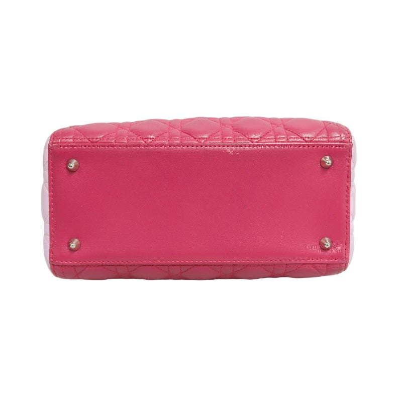 DIOR Lady Dior Cannage Handbag Pink Lambskin Silver Hardware With Shoulder Strap