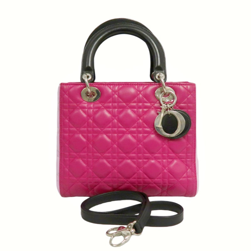DIOR Lady Dior Cannage Handbag Pink Lambskin Silver Hardware With Shoulder Strap