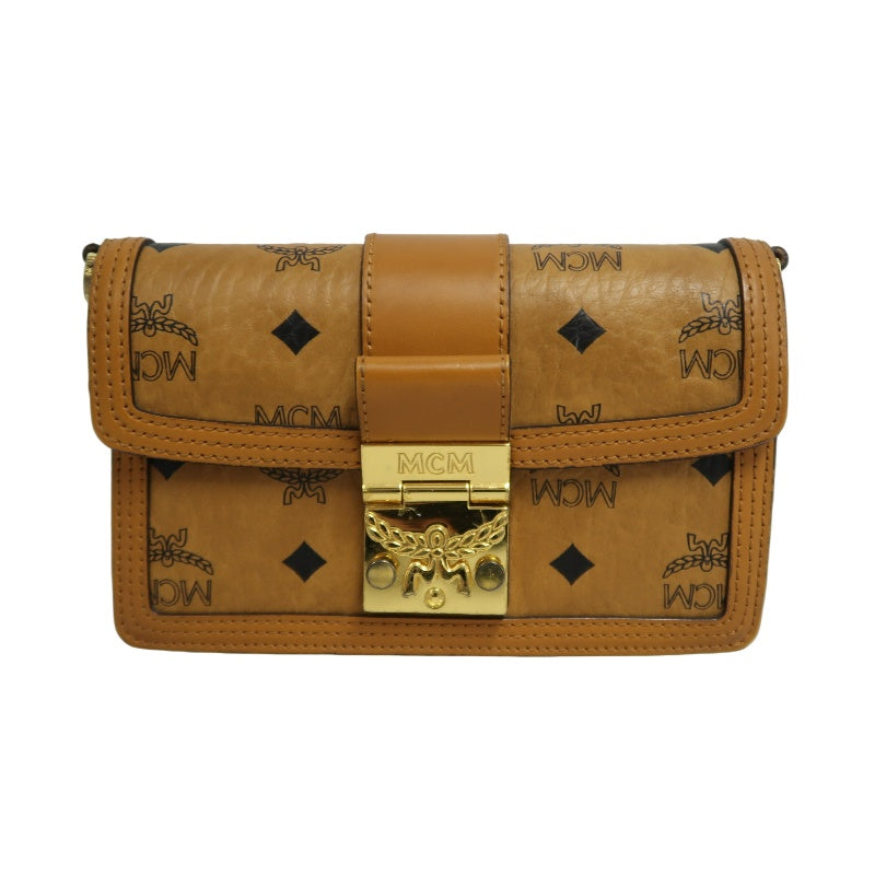 MCM Mini Postman Shoulder Bag Brown Visetos PVC Gold Hardware