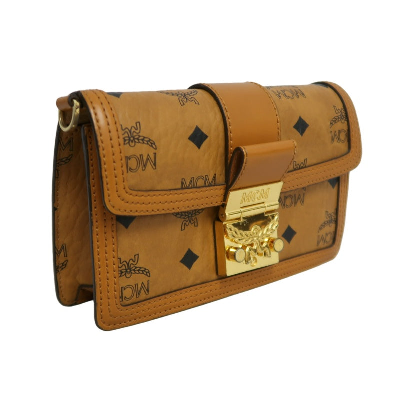 MCM Mini Postman Shoulder Bag Brown Visetos PVC Gold Hardware
