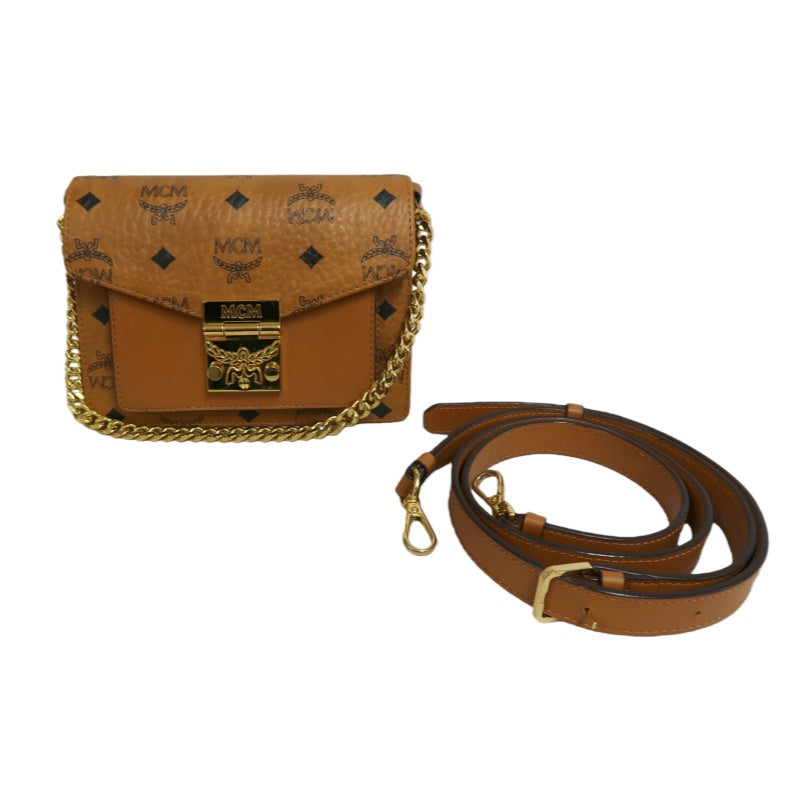 MCM Mini Postman Shoulder Bag Brown Visetos PVC Gold Hardware