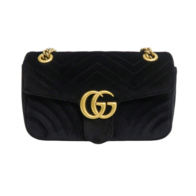 GUCCI GG Marmont Quilted Velvet Shoulder Bag Black Gold Hardware