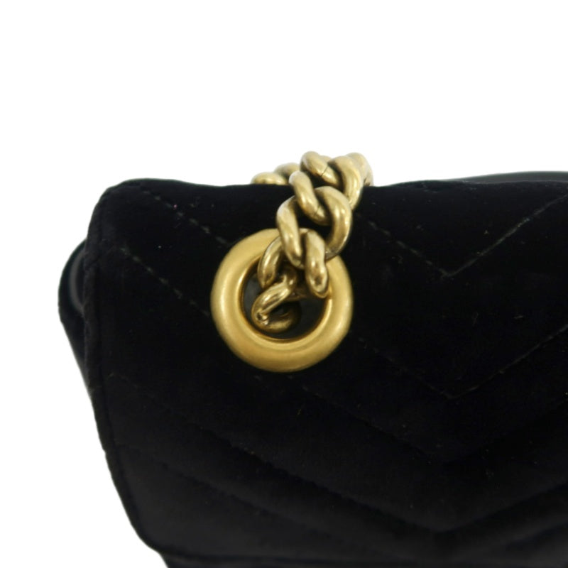 GUCCI GG Marmont Quilted Velvet Shoulder Bag Black Gold Hardware