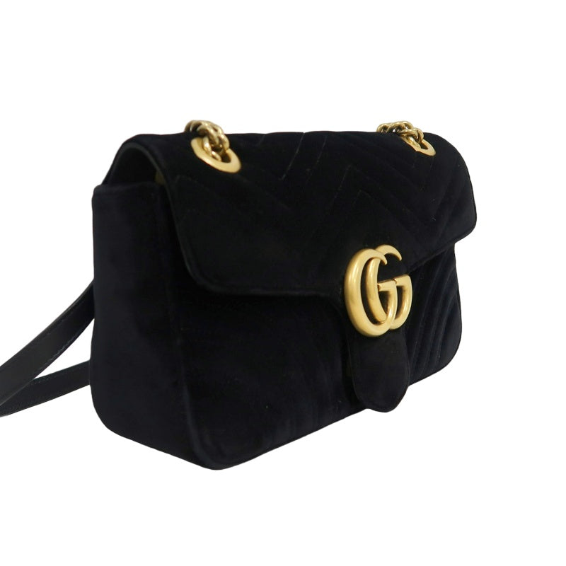 GUCCI GG Marmont Quilted Velvet Shoulder Bag Black Gold Hardware