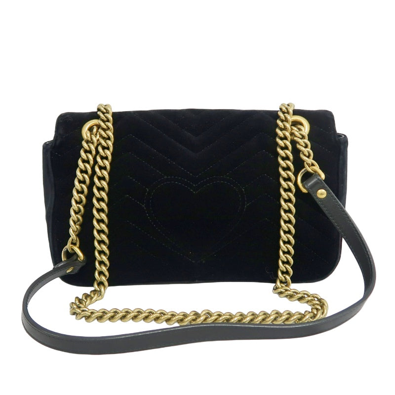 GUCCI GG Marmont Quilted Velvet Shoulder Bag Black Gold Hardware