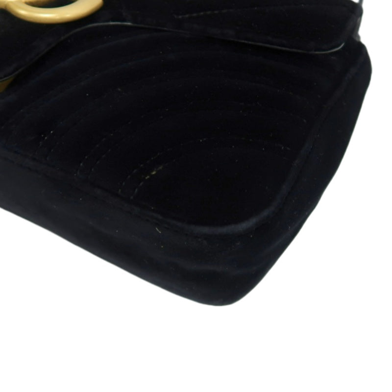 GUCCI GG Marmont Quilted Velvet Shoulder Bag Black Gold Hardware