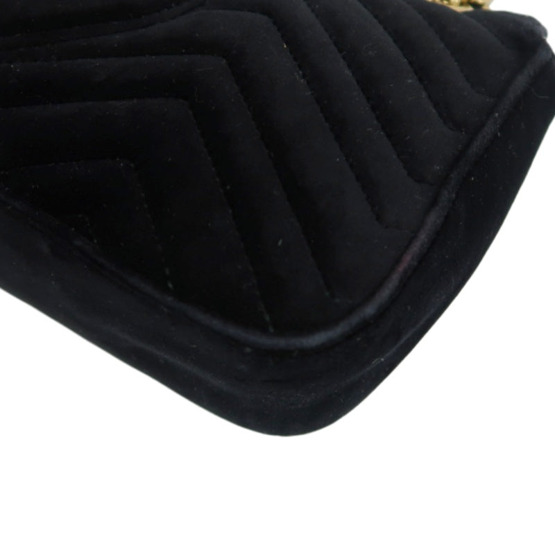 GUCCI GG Marmont Quilted Velvet Shoulder Bag Black Gold Hardware