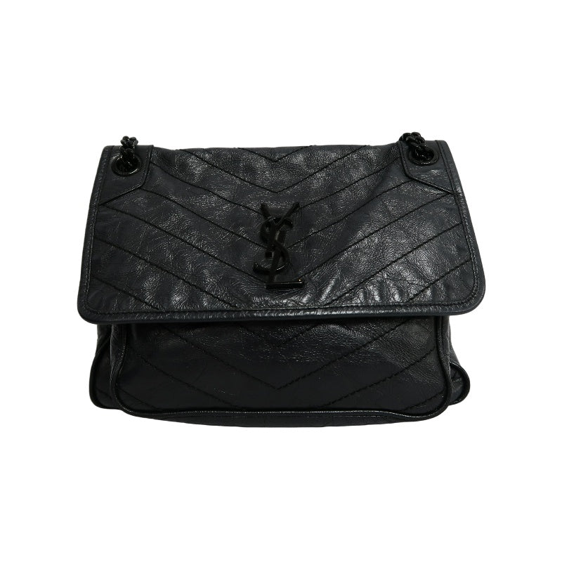 YVES SAINT LAURENT YSL NIKI Leather Shoulder Bag Black Waxed Leather