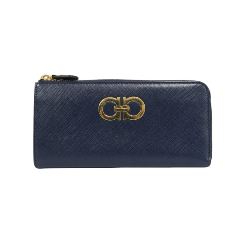 FERRAGAMO Gancini Long Wallet Black PVC Gold Hardware