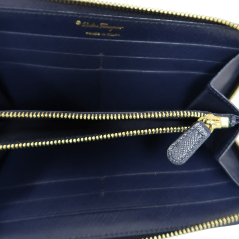 FERRAGAMO Gancini Long Wallet Black PVC Gold Hardware