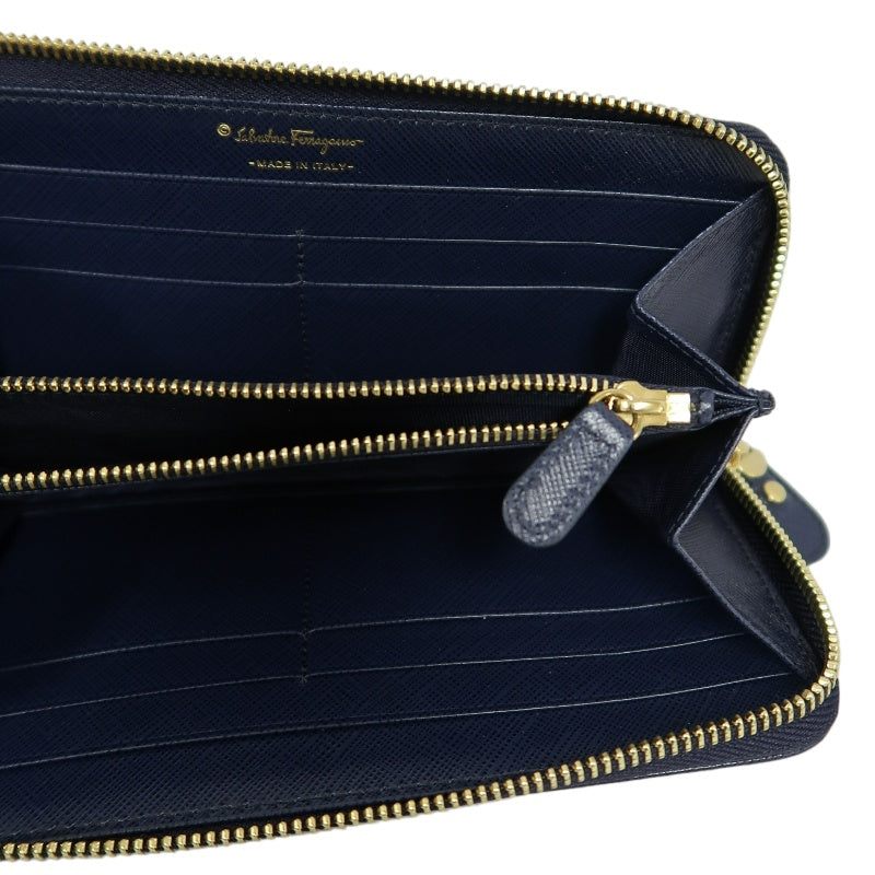 FERRAGAMO Gancini Long Wallet Black PVC Gold Hardware