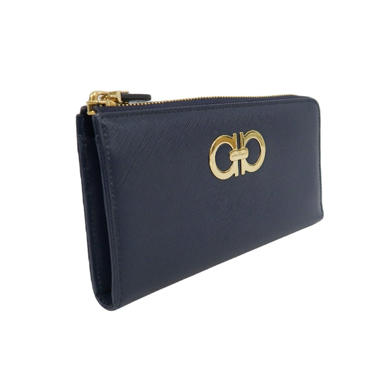 FERRAGAMO Gancini Long Wallet Black PVC Gold Hardware