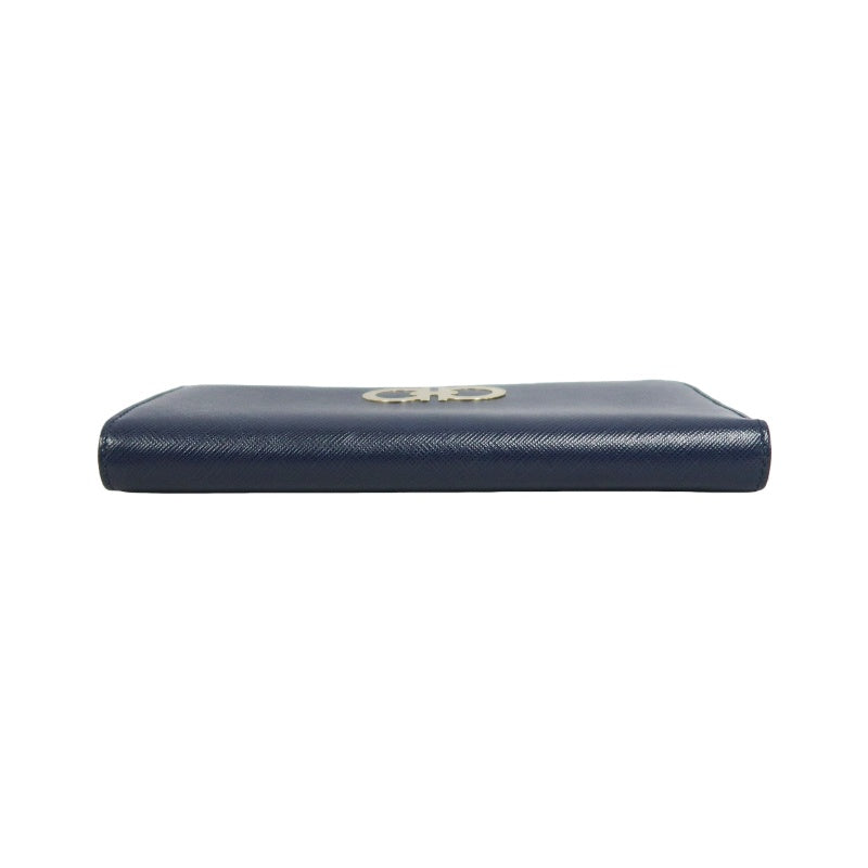 FERRAGAMO Gancini Long Wallet Black PVC Gold Hardware