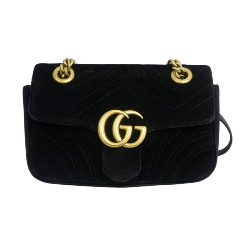 GUCCI GG Marmont Quilted Velvet Shoulder Bag Black Gold Hardware