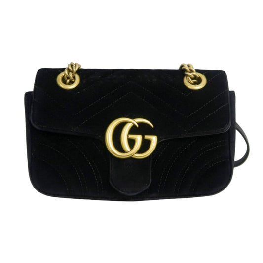 GUCCI GG Marmont Quilted Velvet Shoulder Bag Black Gold Hardware