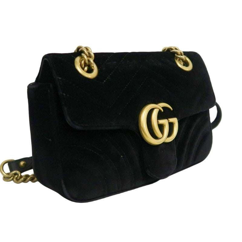 GUCCI GG Marmont Quilted Velvet Shoulder Bag Black Gold Hardware