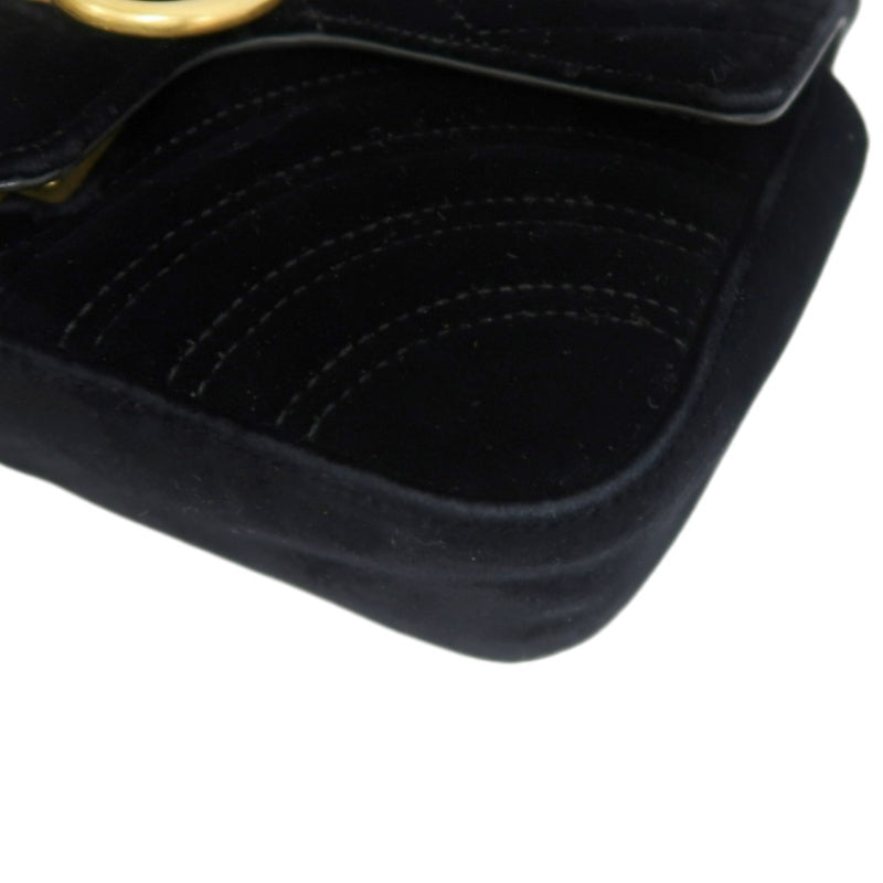 GUCCI GG Marmont Quilted Velvet Shoulder Bag Black Gold Hardware