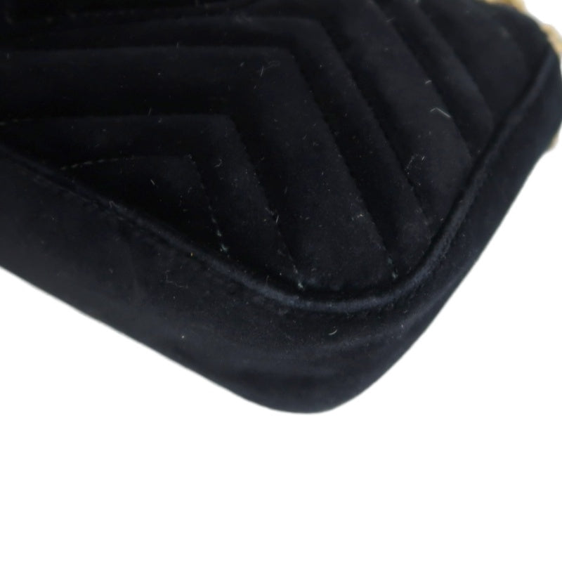 GUCCI GG Marmont Quilted Velvet Shoulder Bag Black Gold Hardware