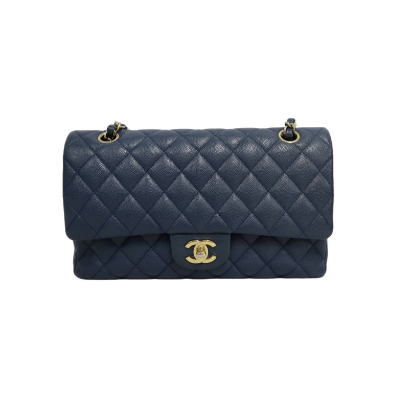 CHANEL Classic Flap Matelasse Caviar Shoulder Bag Navy Blue Gold Hardware With Authenticity Card