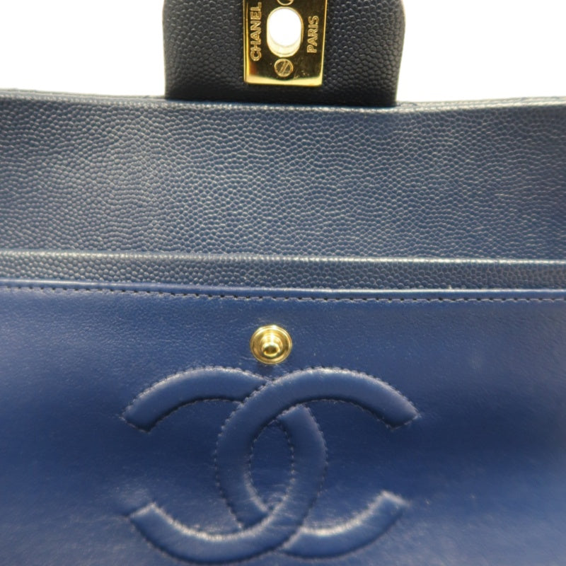 CHANEL Classic Flap Matelasse Caviar Shoulder Bag Navy Blue Gold Hardware With Authenticity Card