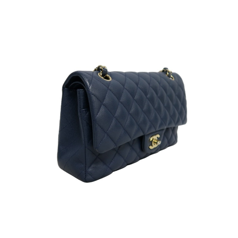 CHANEL Classic Flap Matelasse Caviar Shoulder Bag Navy Blue Gold Hardware With Authenticity Card