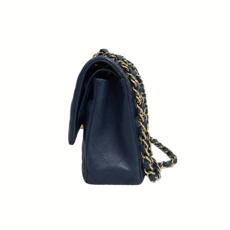 CHANEL Classic Flap Matelasse Caviar Shoulder Bag Navy Blue Gold Hardware With Authenticity Card