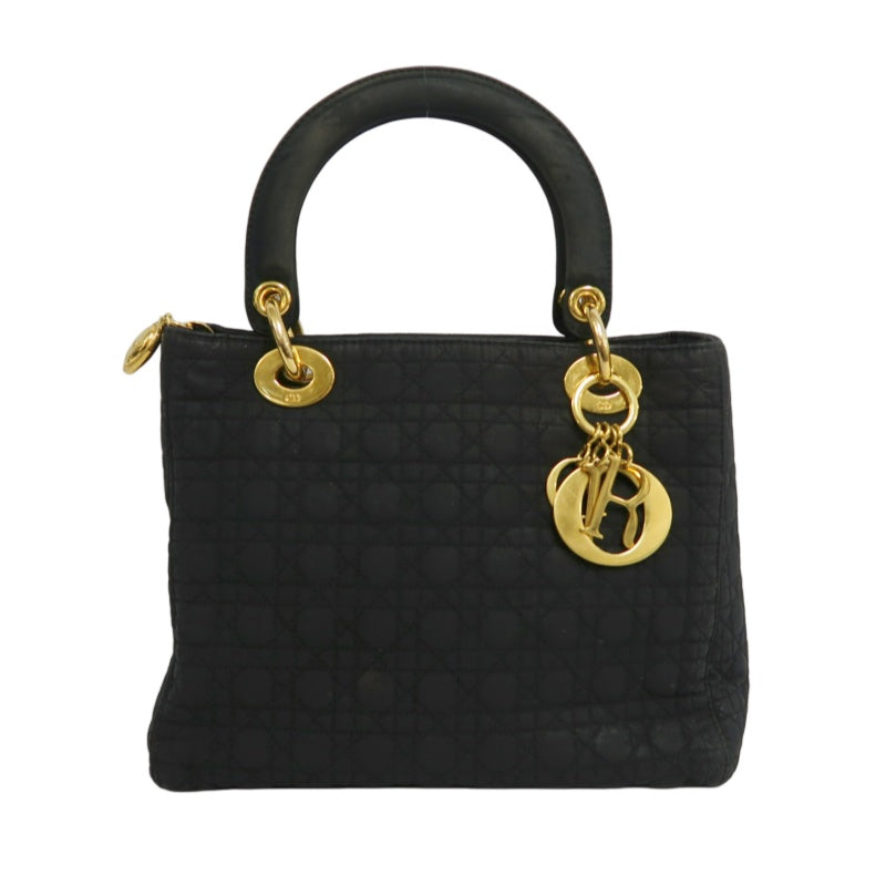DIOR Lady Dior Cannage Nylon Handbag Black Gold Hardware With Shoulder Strap