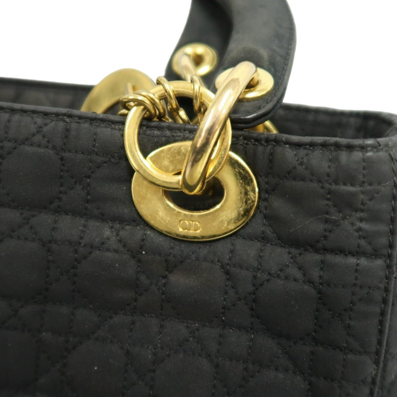 DIOR Lady Dior Cannage Nylon Handbag Black Gold Hardware With Shoulder Strap