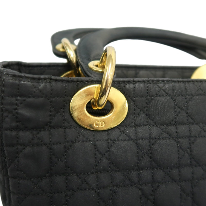DIOR Lady Dior Cannage Nylon Handbag Black Gold Hardware With Shoulder Strap