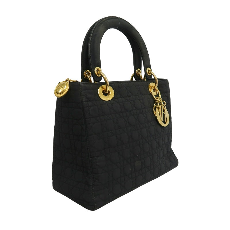 DIOR Lady Dior Cannage Nylon Handbag Black Gold Hardware With Shoulder Strap