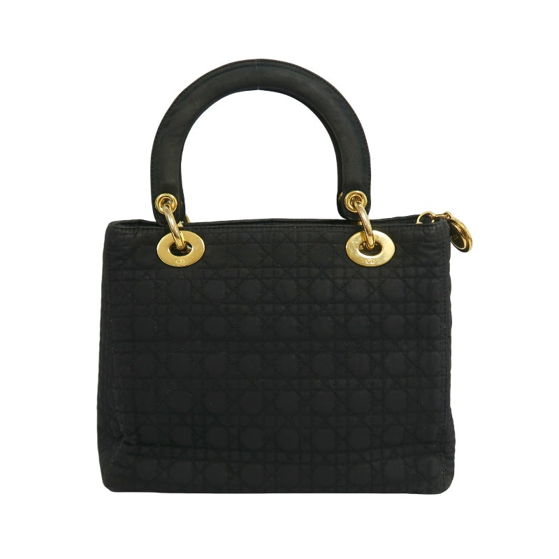 DIOR Lady Dior Cannage Nylon Handbag Black Gold Hardware With Shoulder Strap