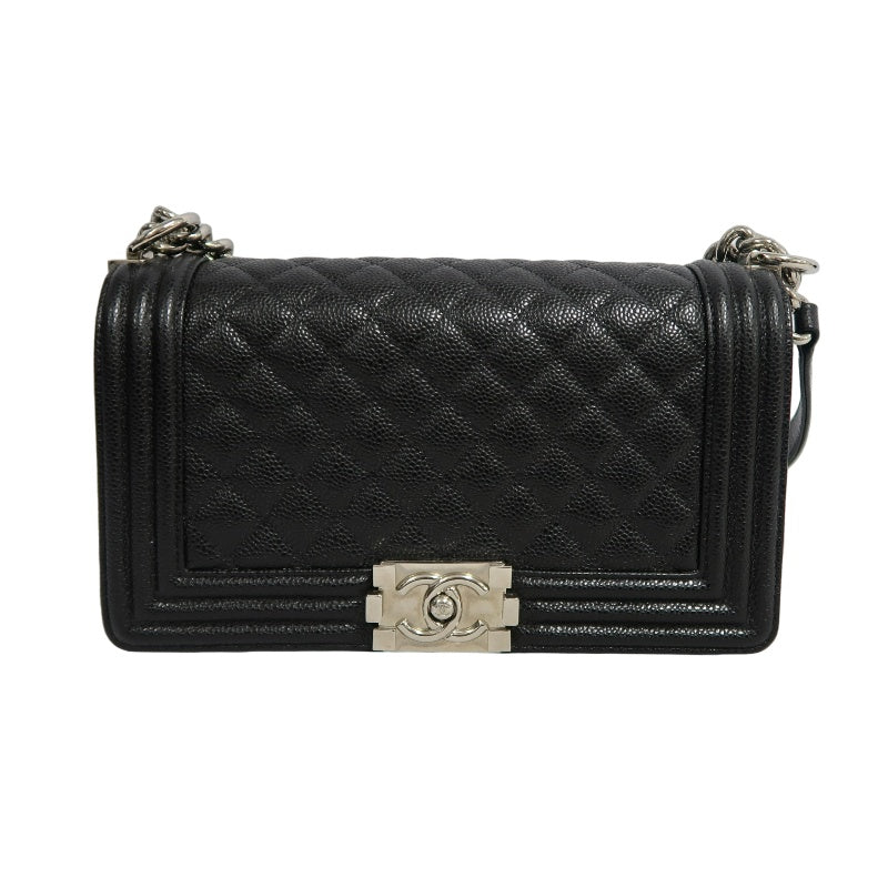 CHANEL Boy Leboy Matelasse Caviar Shoulder Bag Black Silver Hardware