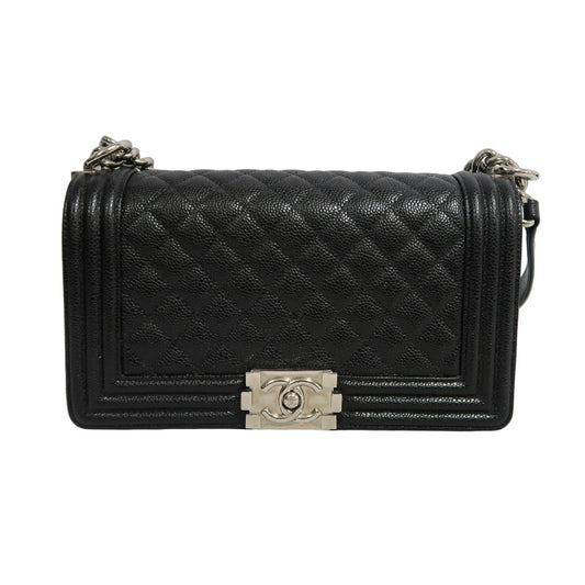 CHANEL Boy Leboy Matelasse Caviar Shoulder Bag Black Silver Hardware